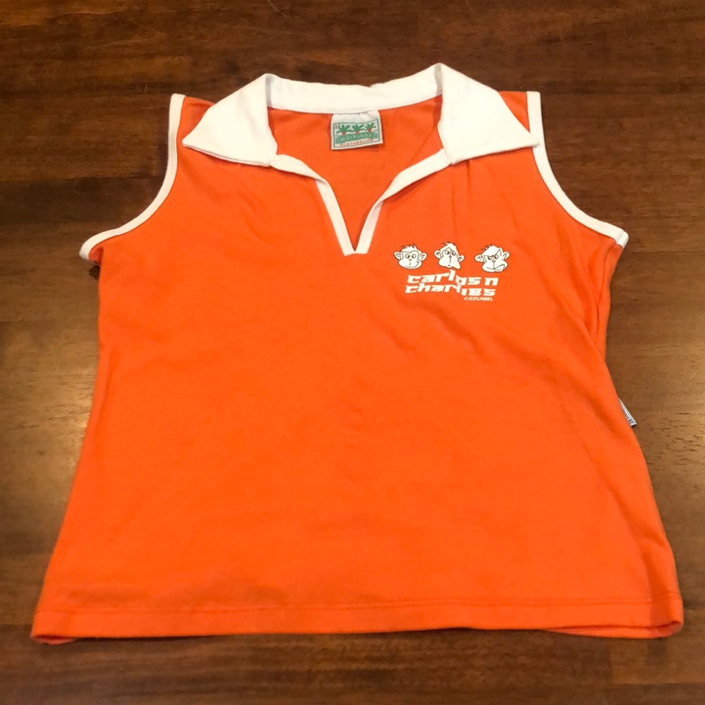 CARLOS N CHARLIES Cozumel Mexico Y2K Vintage Orange Crop Tee Shirt White Collar